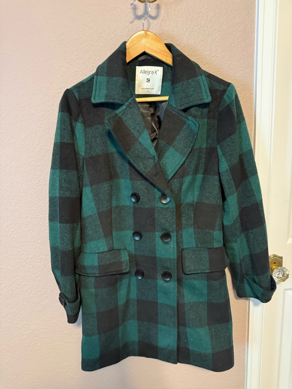 Allegra K Black & Green Plaid Double-Breasted Pea Coat